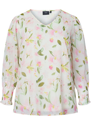 Floral blouse with long sleeves and v neck, White/Pink Flower, Packshot image number 0