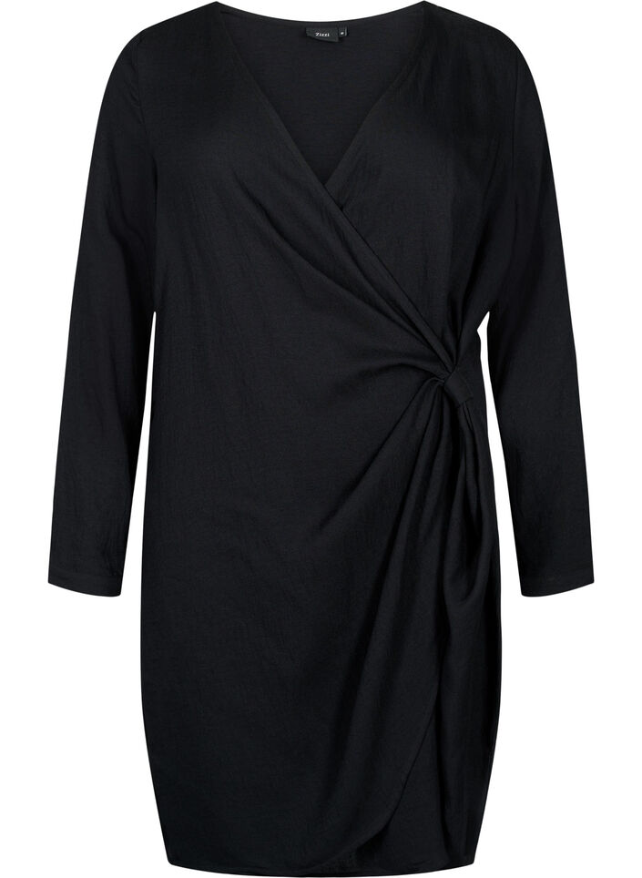 Long sleeve viscose dress with a wrap look, Black, Packshot image number 0