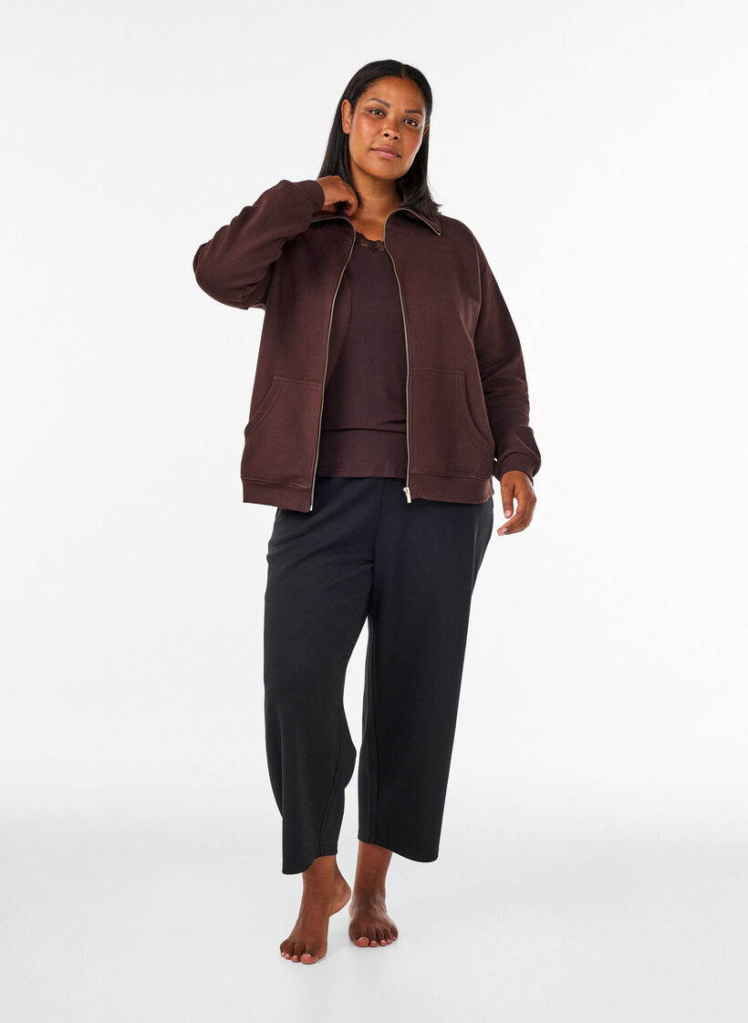 Sweat cardigan with high collar and zip, Brown, Model image number 1