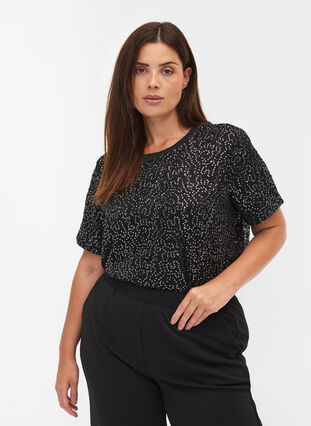 Short-sleeved sequin blouse, Black, Model image number 0