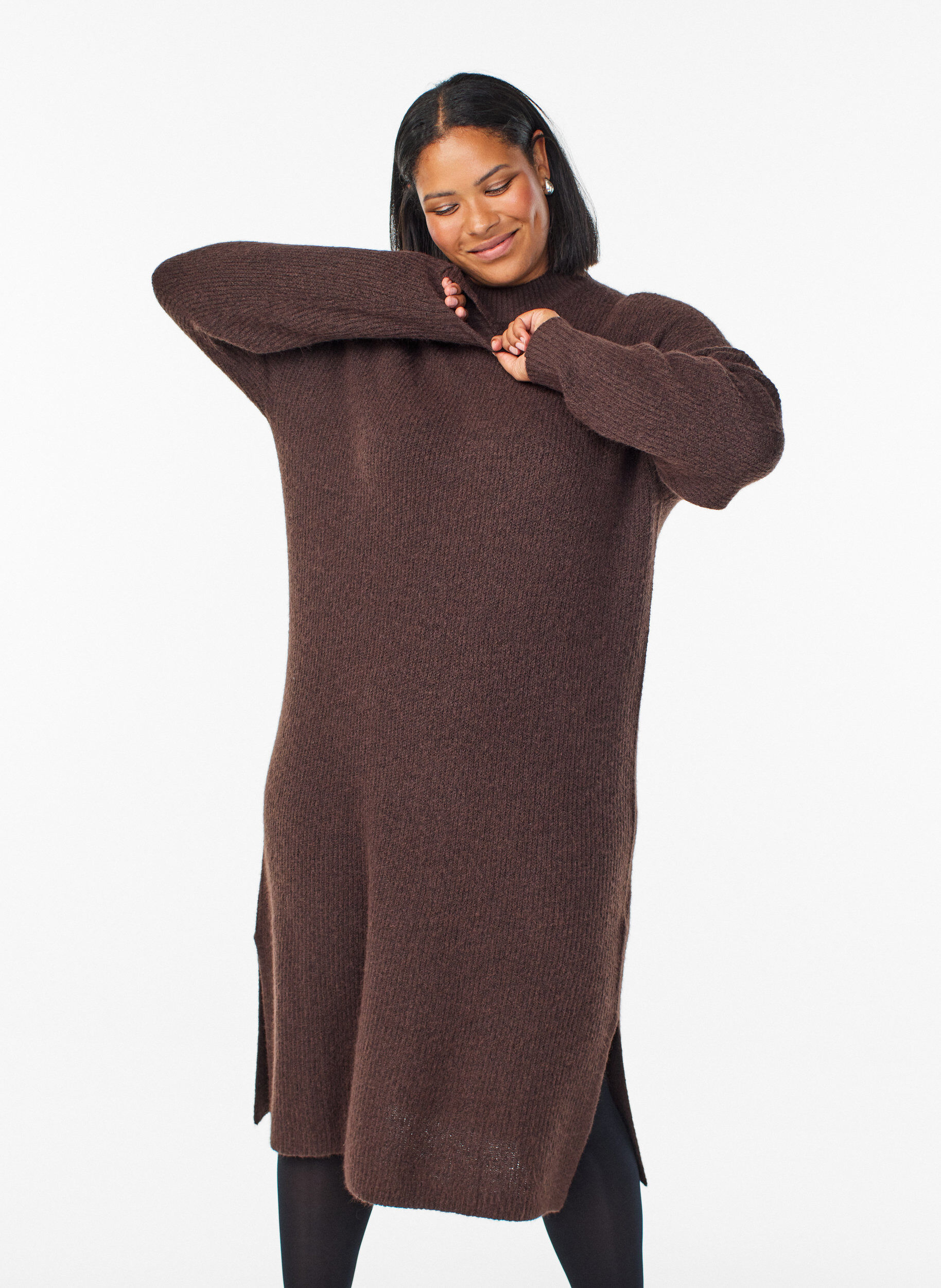 Zizzifashion Long knitted dress with high neck, Brown, Model image number 2