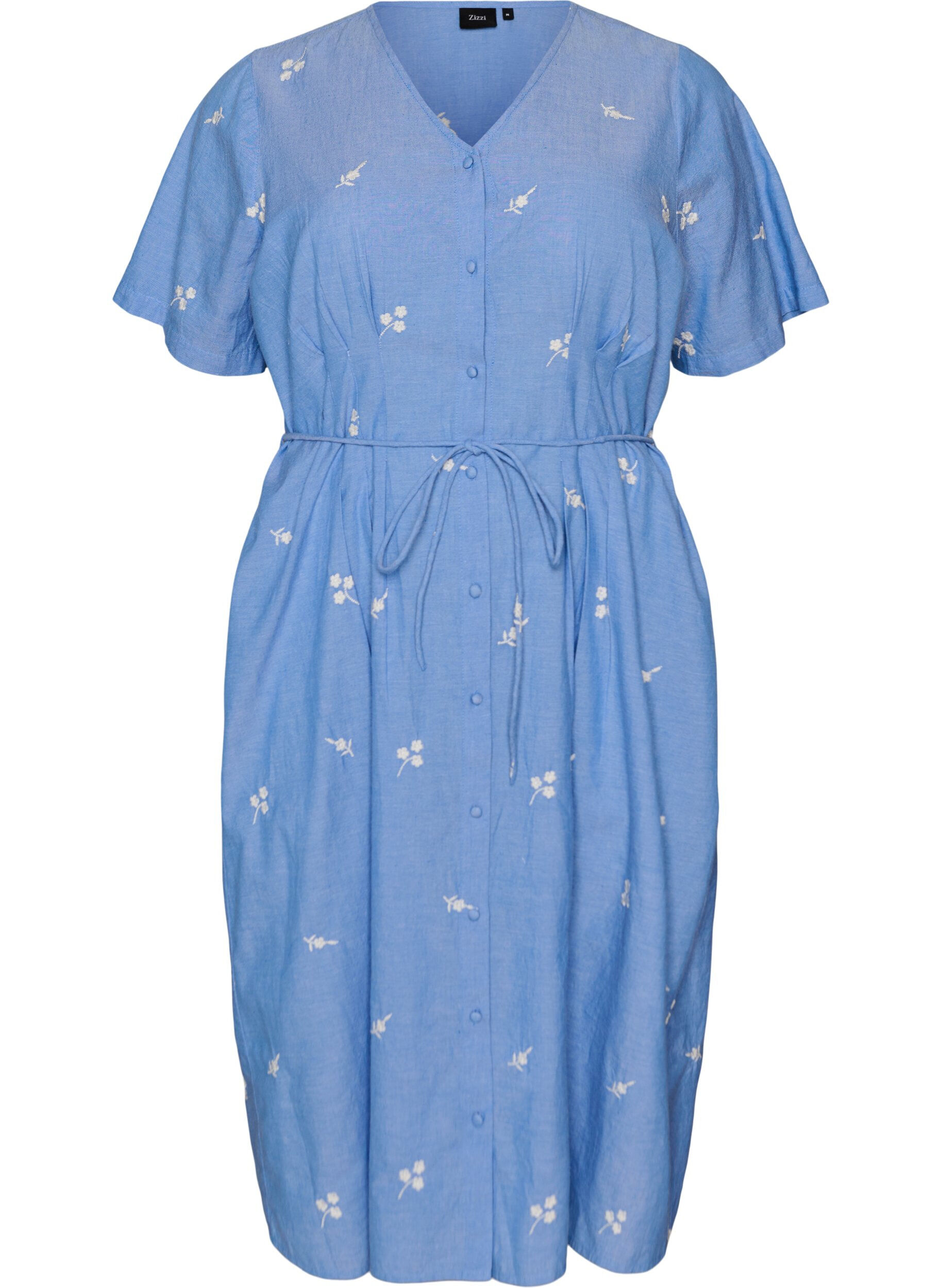 ZizzifashionCotton shirt dress with embroidered flowers, Light Blue, Packshot image number 0