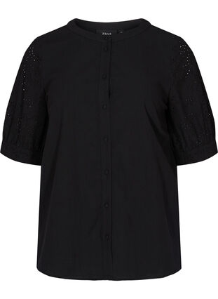 Shirt blouse with broderie anglaise, Black, Packshot image number 0