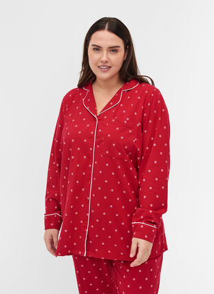 Printed cotton pyjama top, Tango Red AOP, Model image number 0