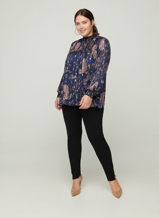 Printed high neck blouse with smocking, Paisley Foil, Model image number 2