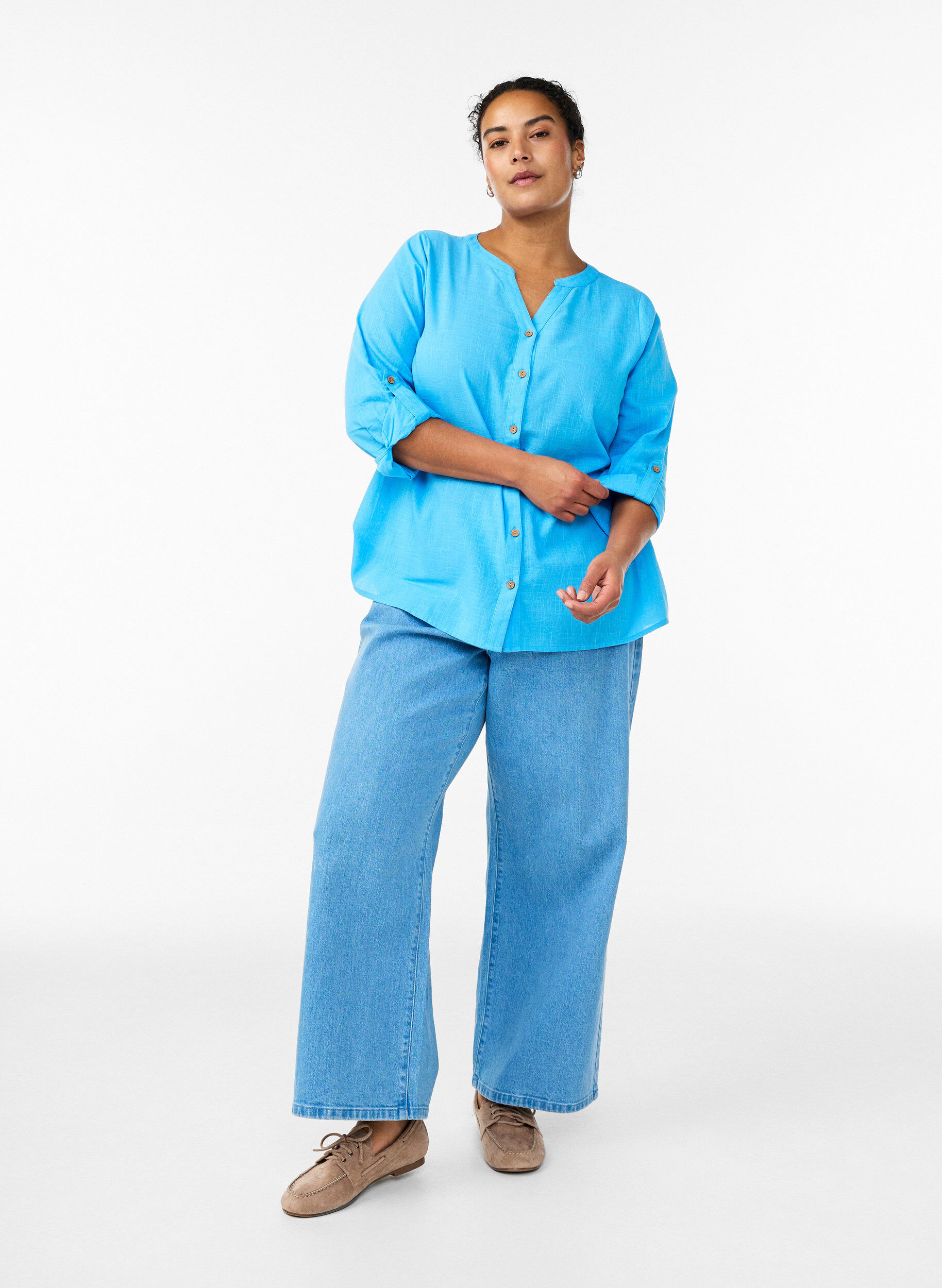 ZizzifashionCotton shirt blouse with V-neck, Blue, Model image number 1