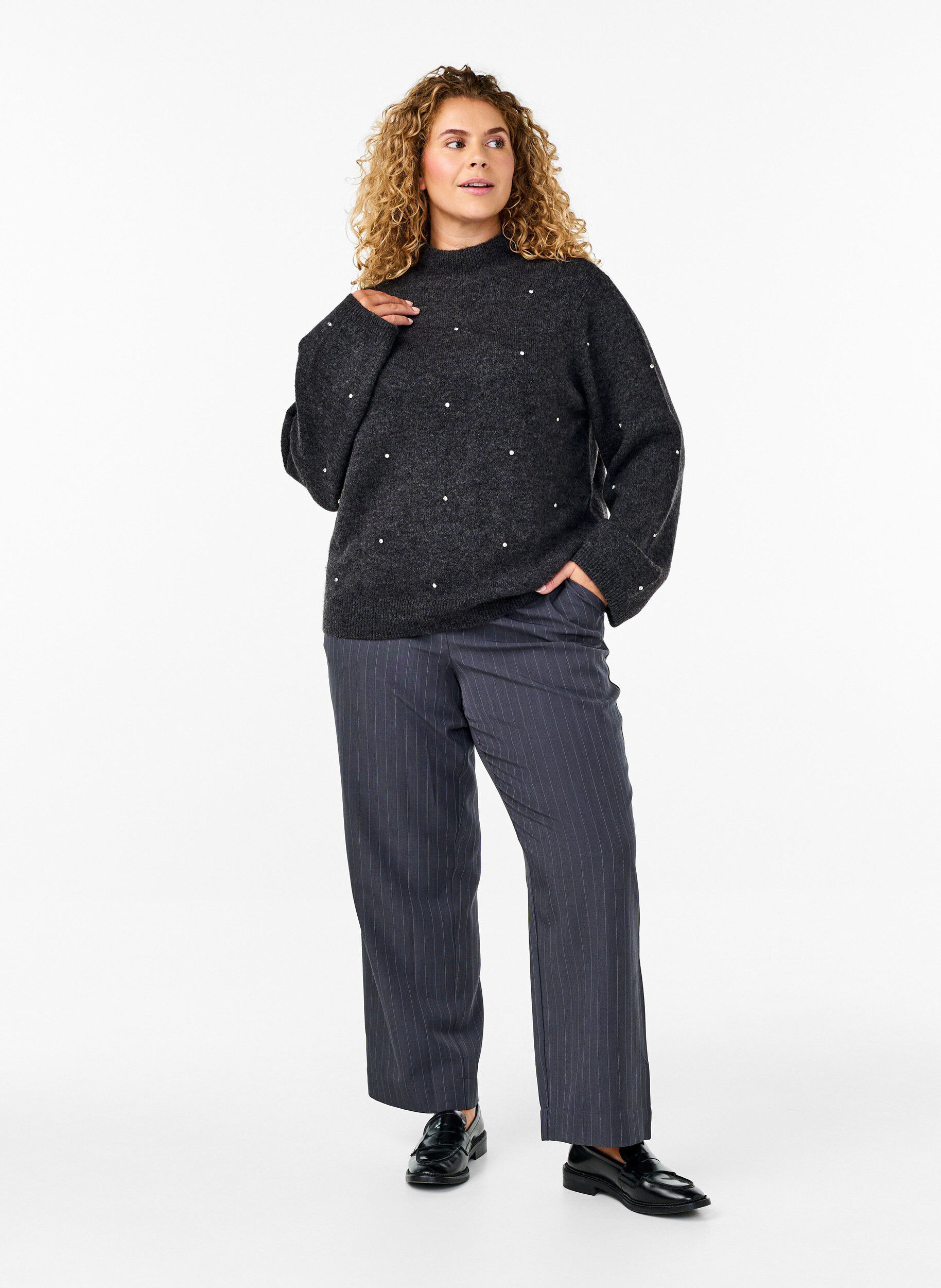 Zizzifashion Knitted blouse with rhinestones and a high neckline, Dark Grey Melange, Model image number 2