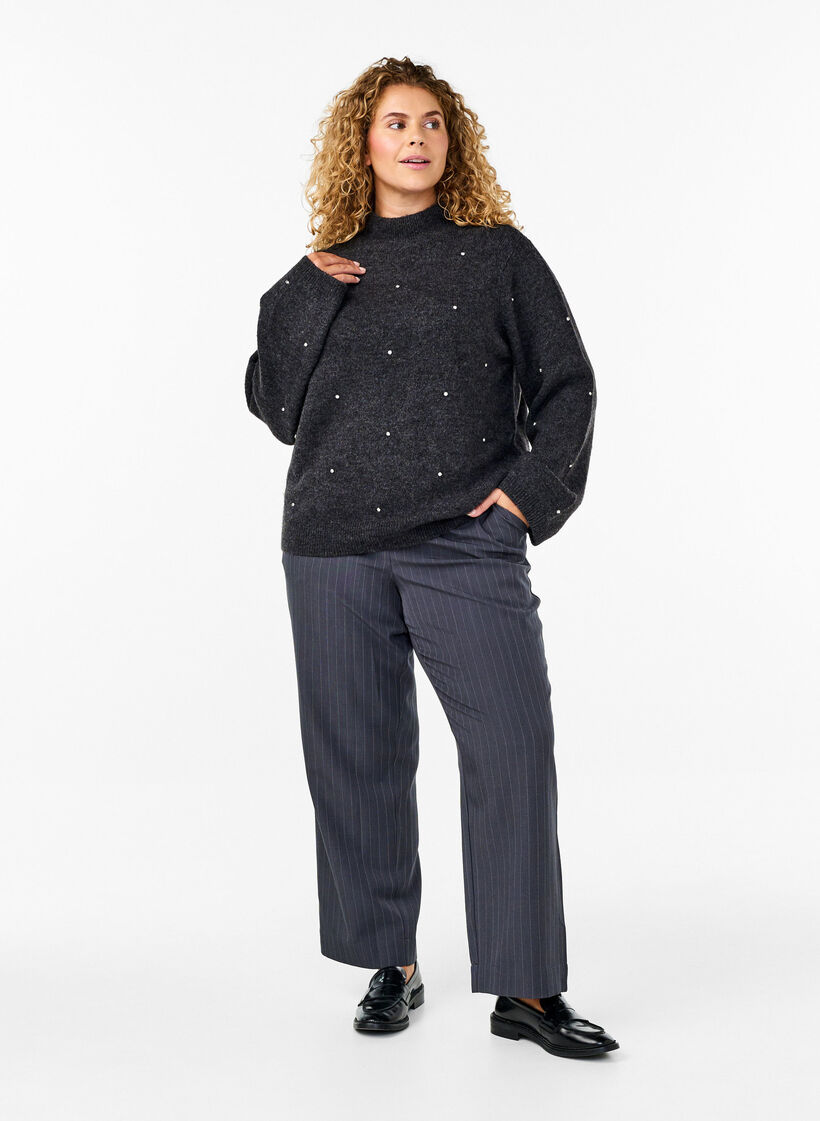 Knitted blouse with rhinestones and a high neckline, Dark Grey Melange, Model image number 2