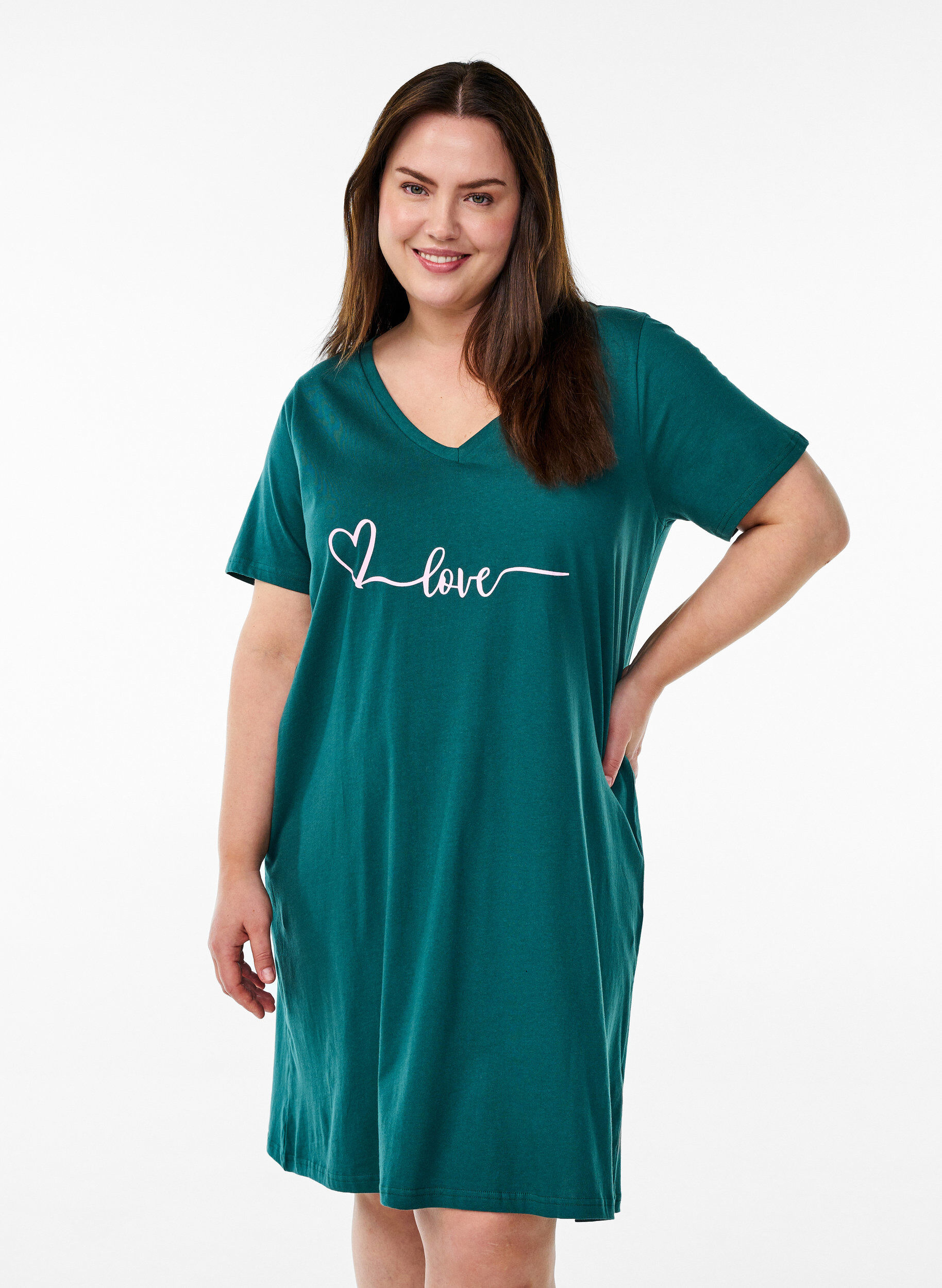Zizzifashion Organic cotton nightgown with v-neck, Green, Model image number 0