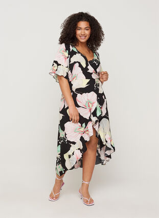 Floral viscose dress with short sleeves, Black AOP, Model image number 0