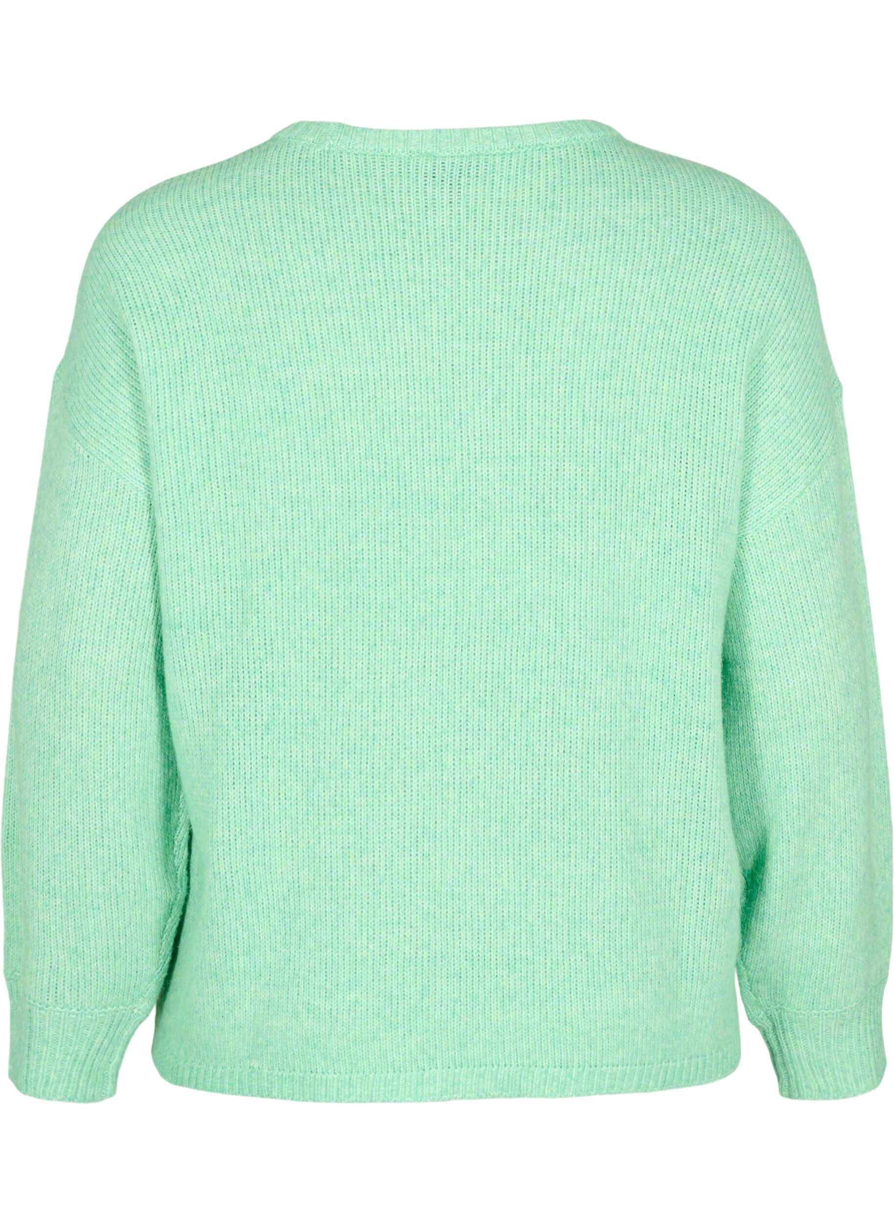 Zizzifashion Long-sleeved knitted jumper with wool and a round neck, Light G. Green Mel., Packshot image number 1