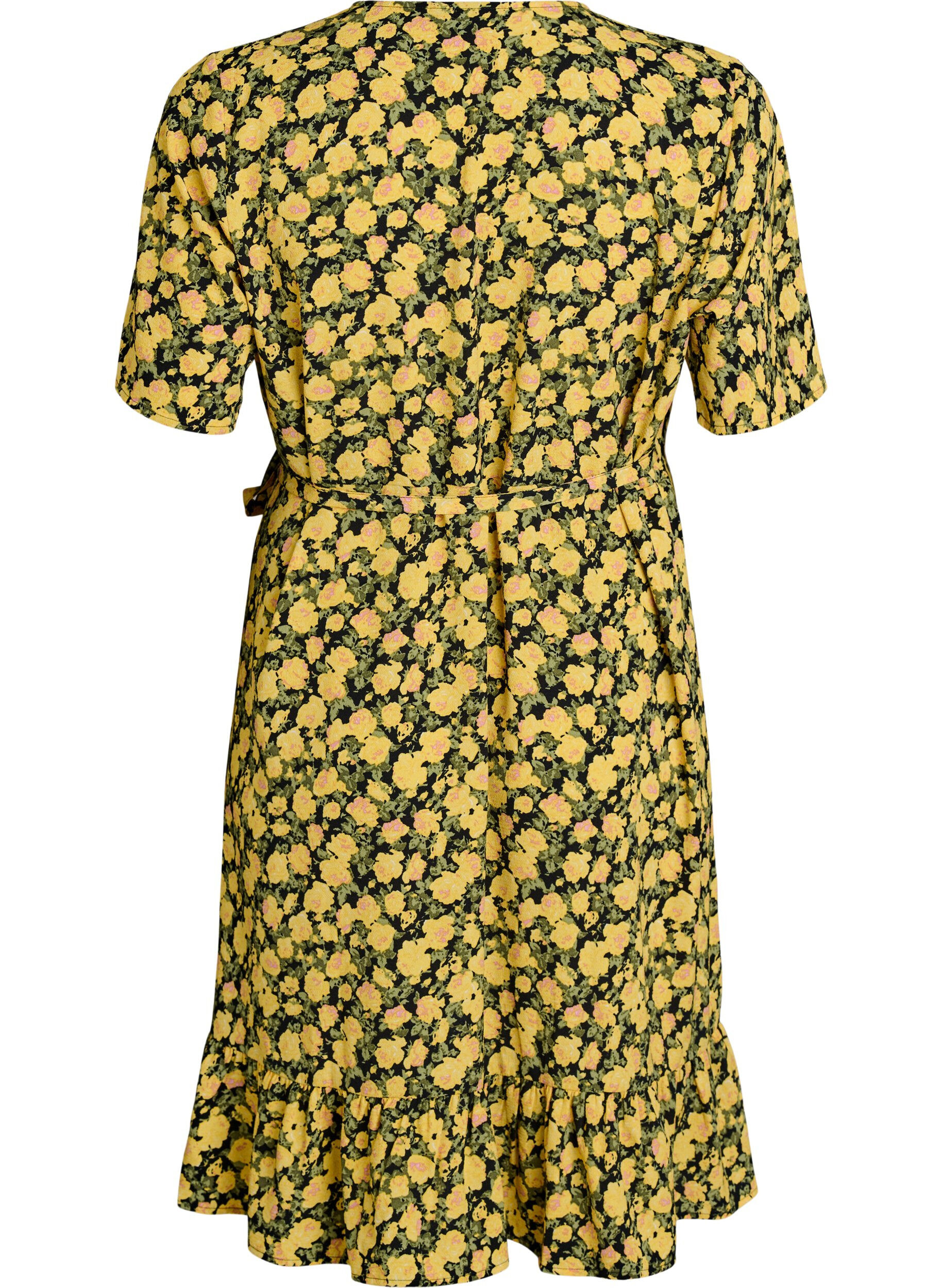 Zizzifashion Floral wrap dress with short sleeves, Yellow, Packshot image number 1