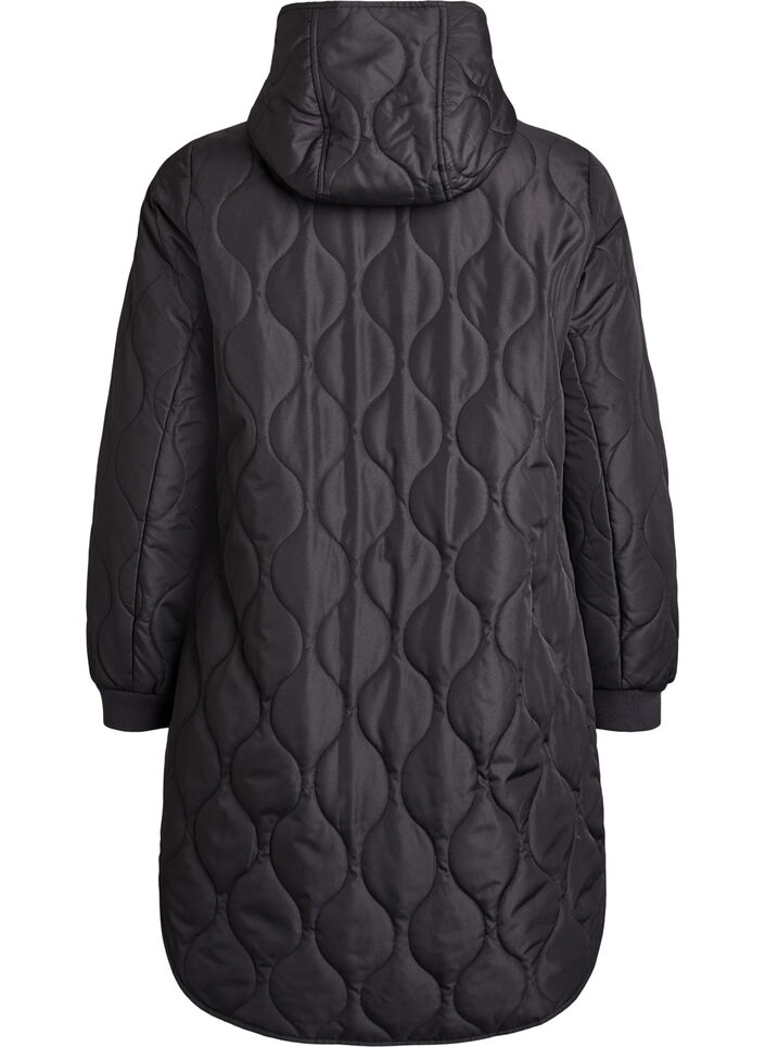 Mid-length quilted jacket with a hood, Black, Packshot image number 1
