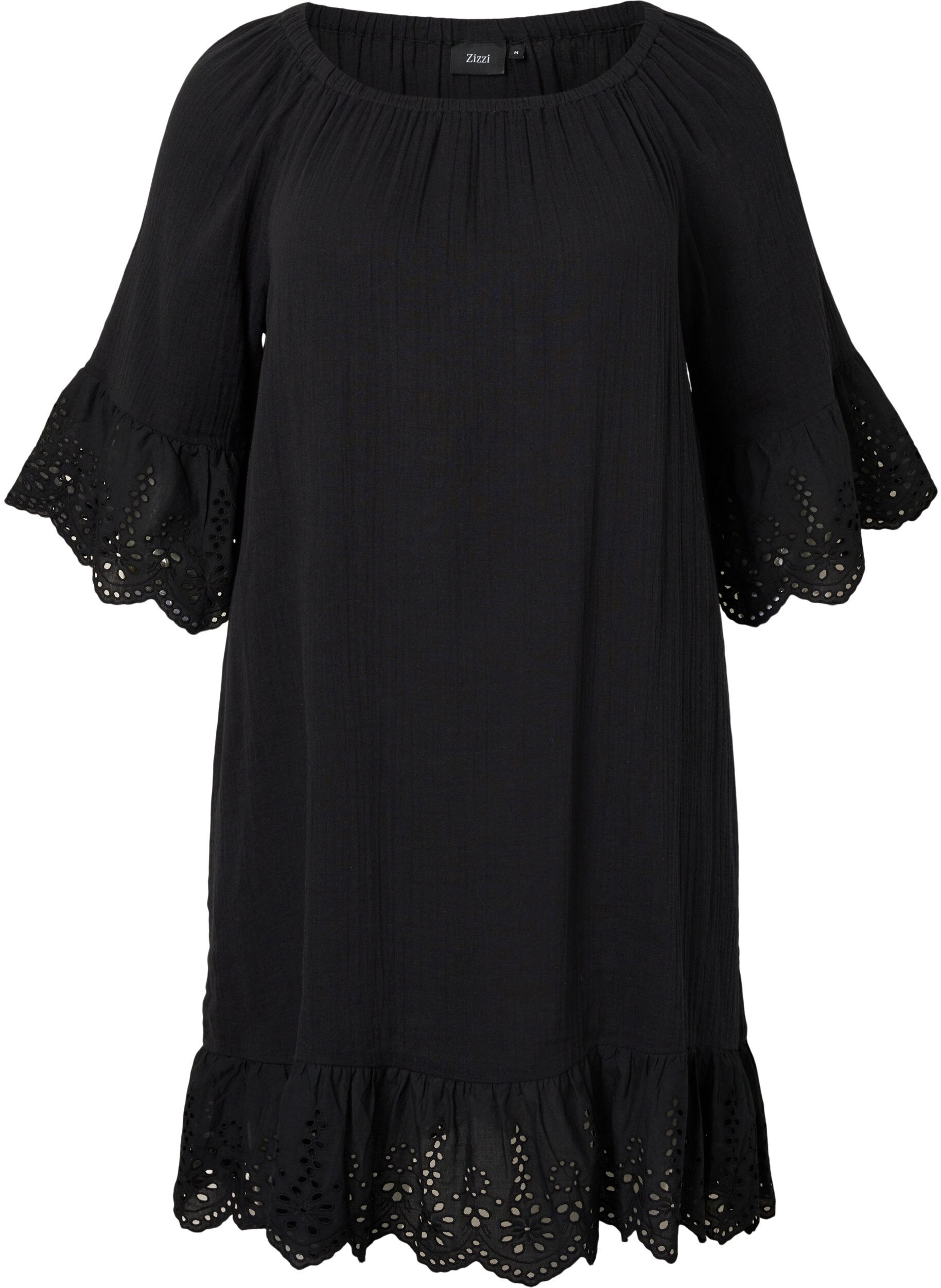 Zizzifashion Cotton dress with broderie anglaise, Black, Packshot image number 0