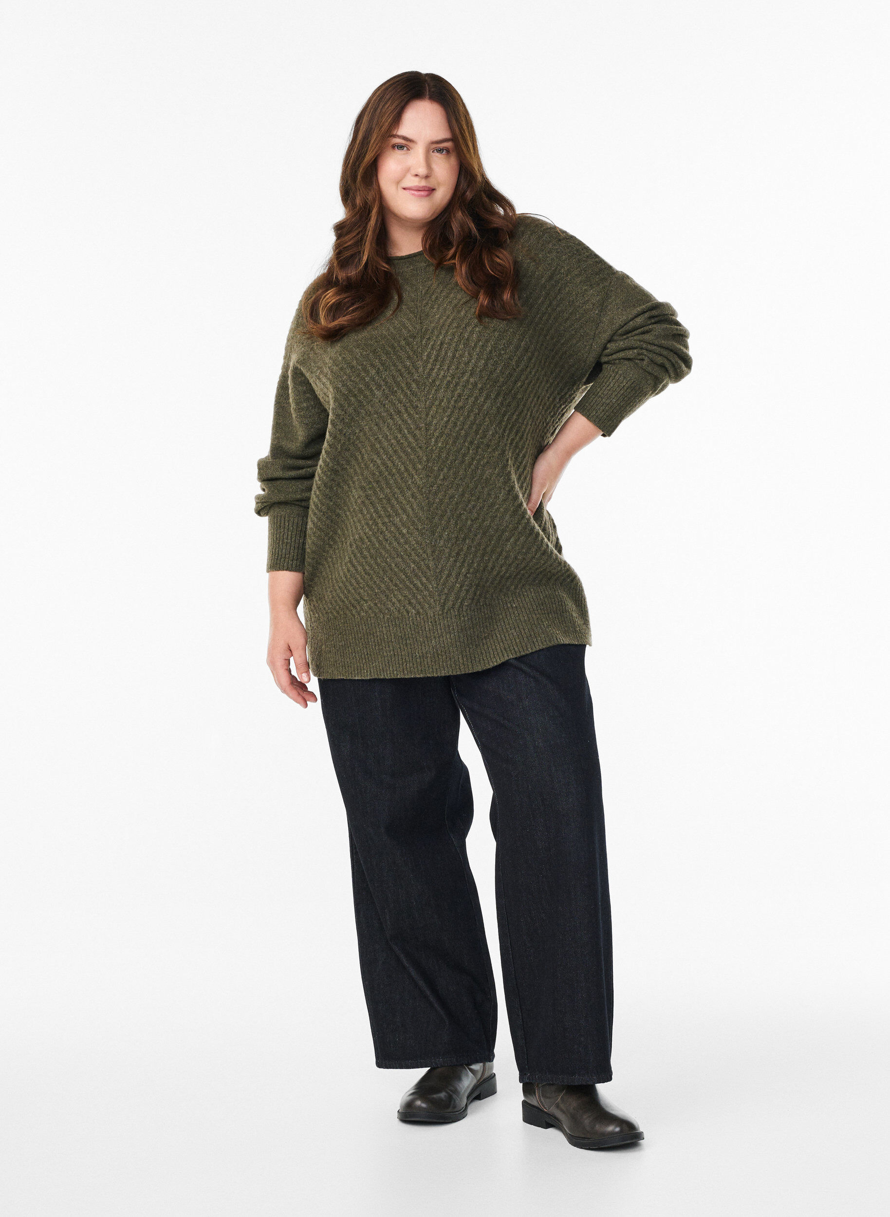 ZizzifashionKnitted blouse with V-shaped rib pattern and slits, Green, Model image number 1