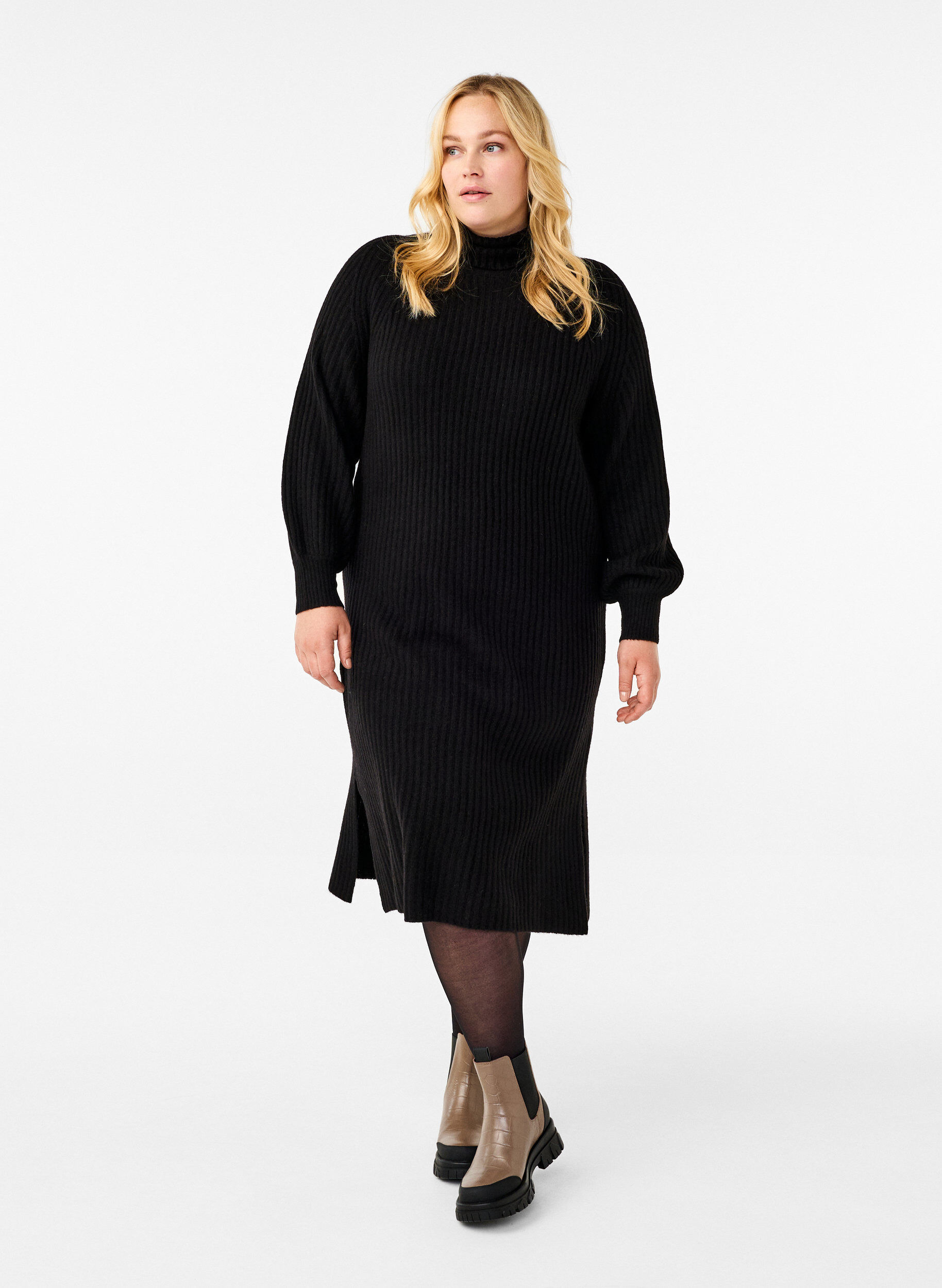 Zizzifashion Long knit dress with turtleneck, Black, Model image number 0