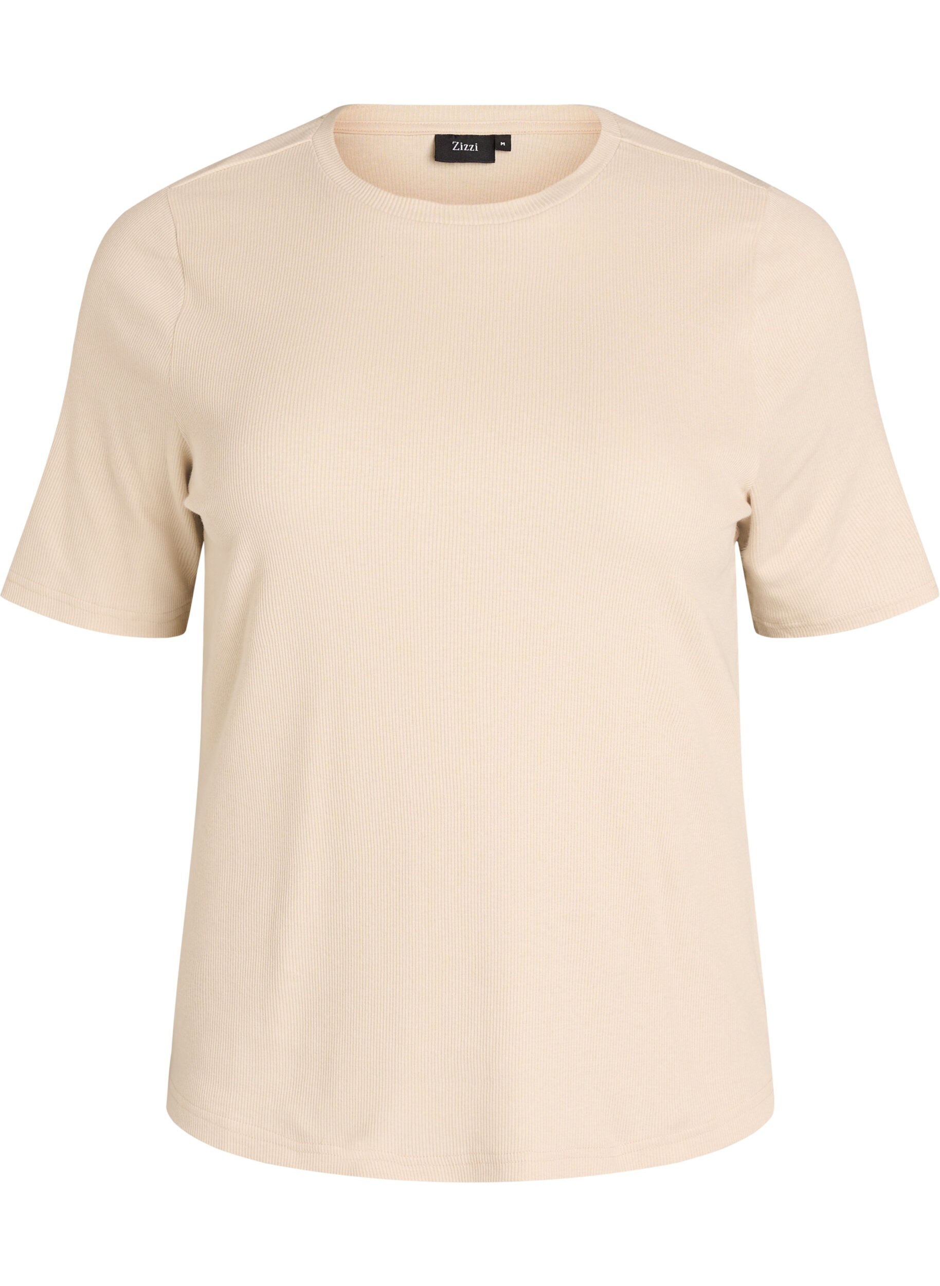 Zizzifashion Basic ribbed t-shirt with a round neck, Beige, Packshot image number 0