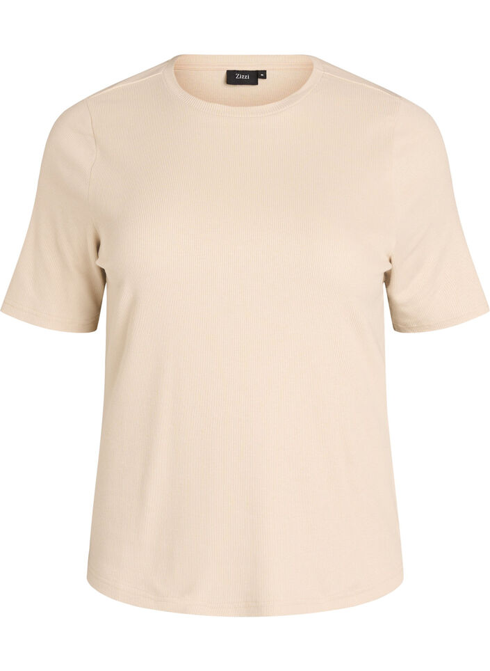 Basic ribbed t-shirt with a round neck, Beige, Packshot image number 0