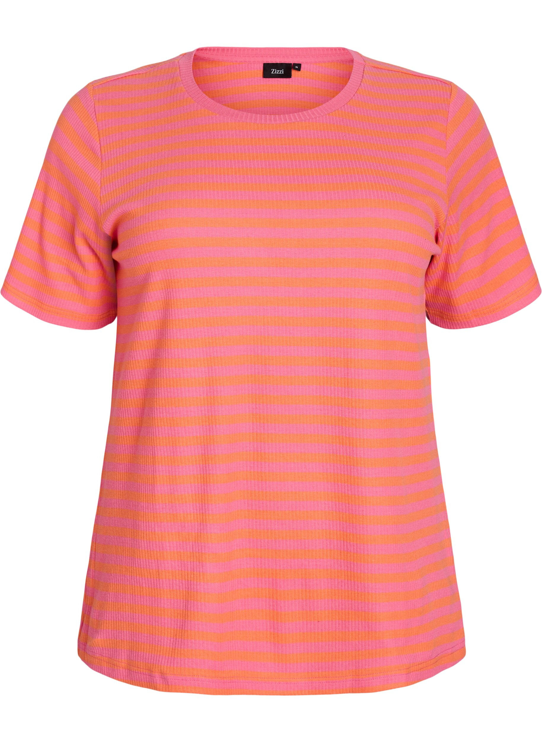 Zizzifashion Striped T-shirt with ribbed texture, Coral, Packshot image number 0