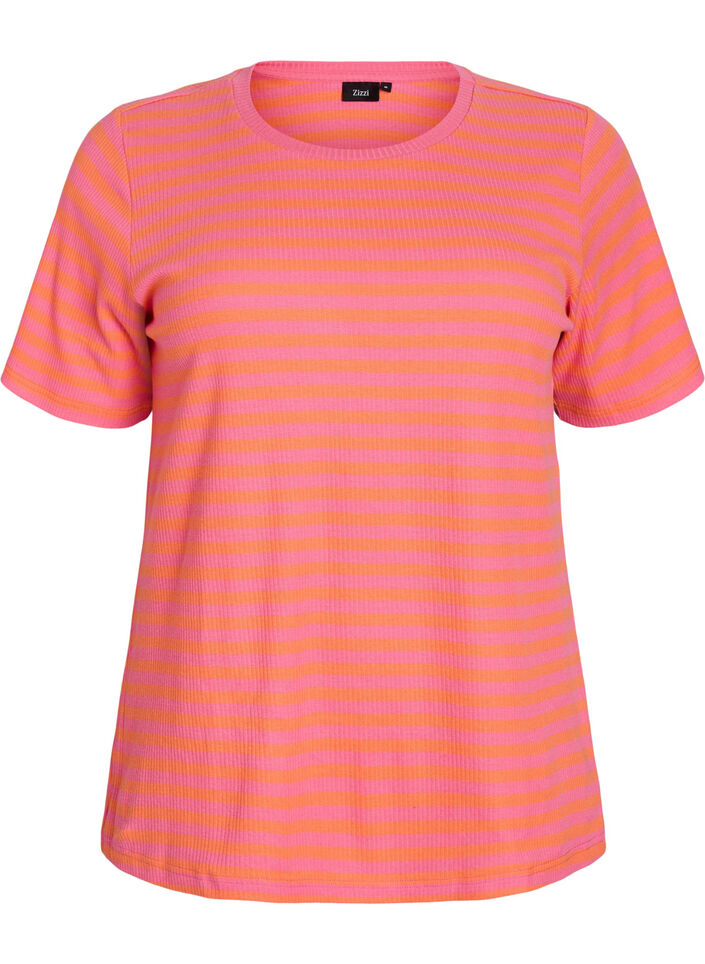 Striped T-shirt with ribbed texture, Coral, Packshot image number 0