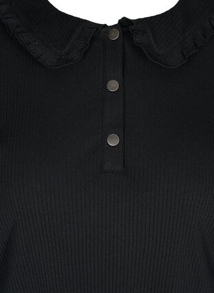 Long-sleeved ribbed blouse with ruffled collar, Black, Packshot image number 2