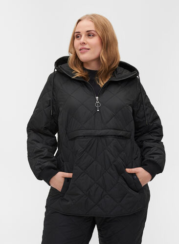 Quilted thermal anorak with hood and pocket, Black, Model image number 0