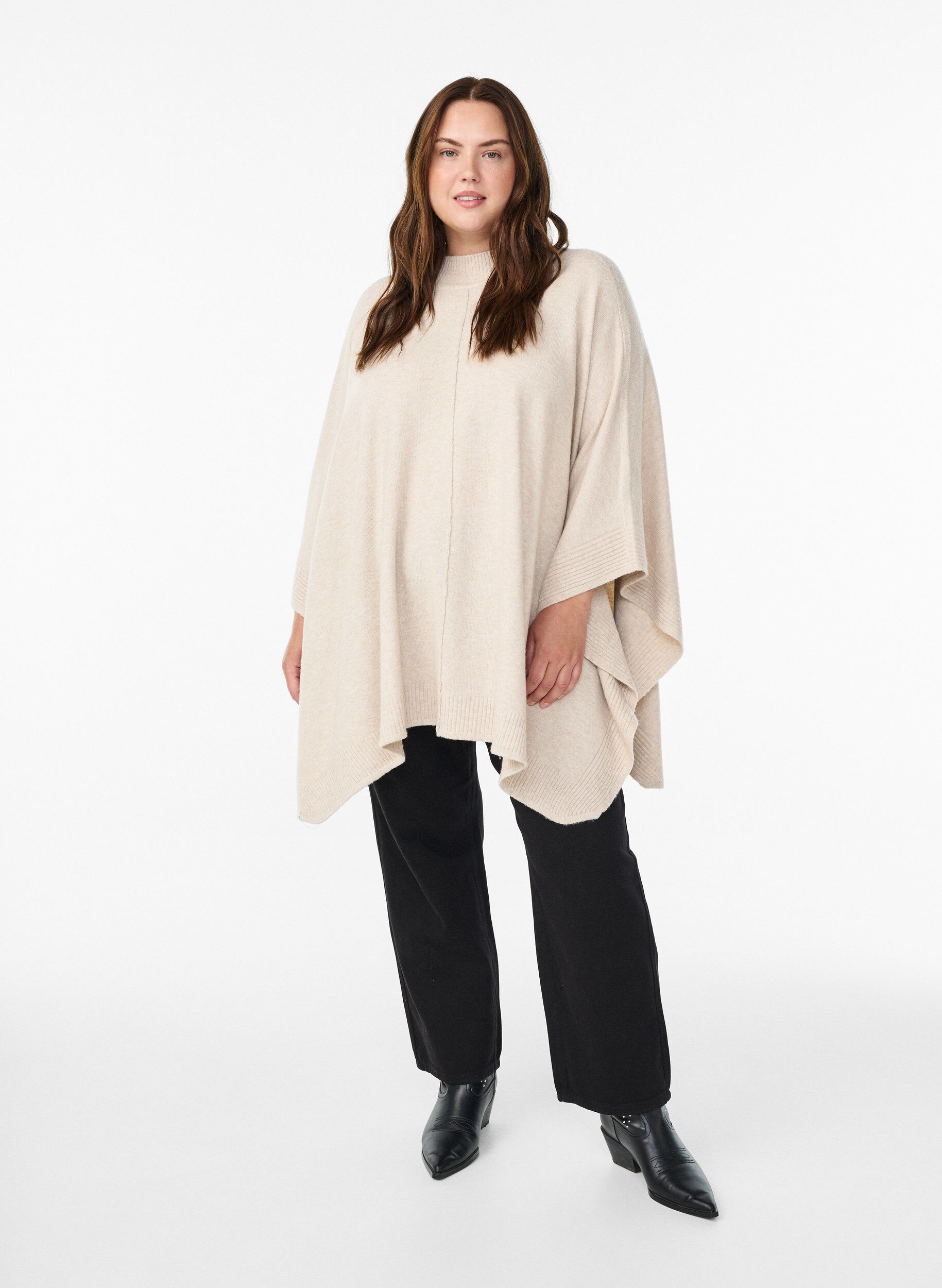Zizzifashion Poncho with rib details and a round neck, Beige, Model image number 1