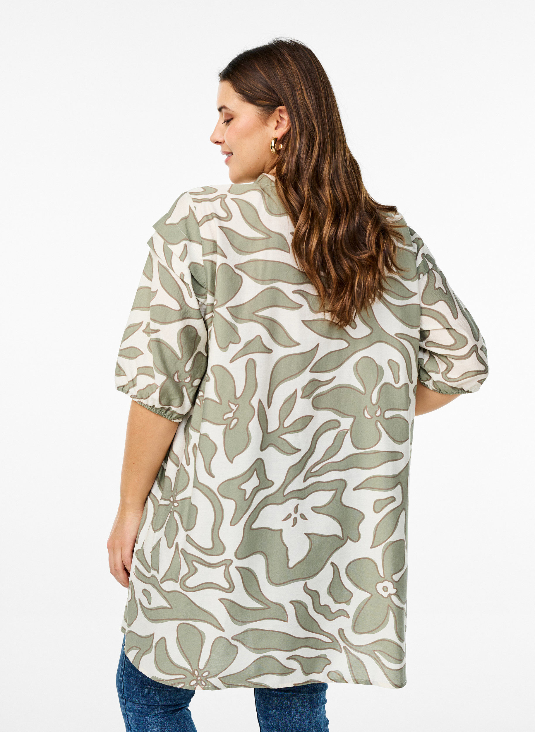 Zizzifashion Viscose tunic with print, Oil Green Grap. AOP, Model image number 1