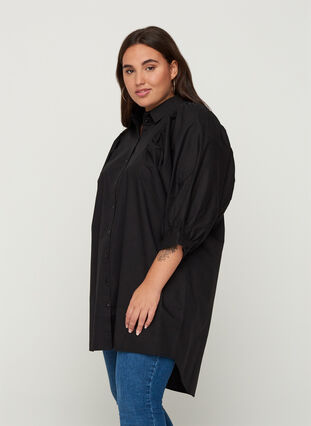 Cotton tunic with 3/4 length balloon sleeves, Black, Model image number 0