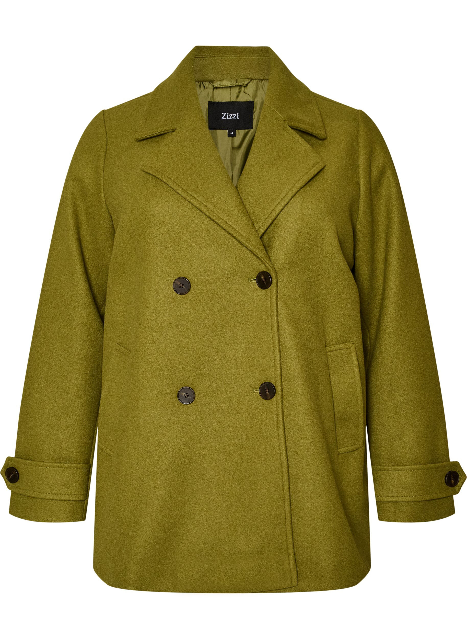 Short coat with double-breasted button closure