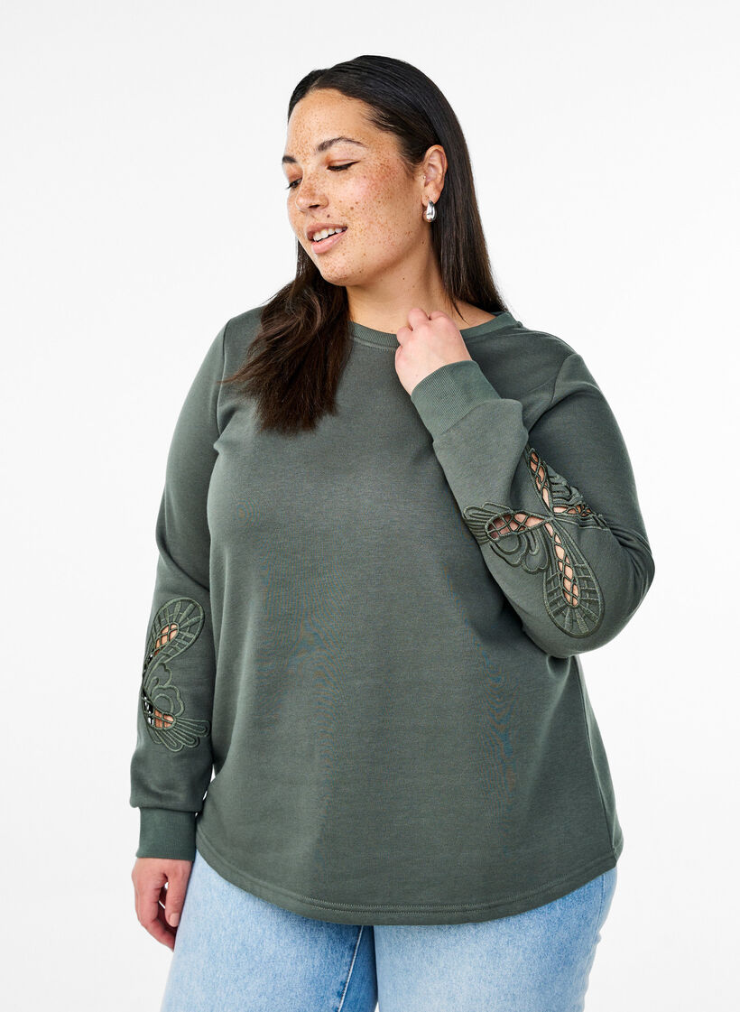 Sweatshirt with embroidered cut-outs, Thyme, Model image number 0