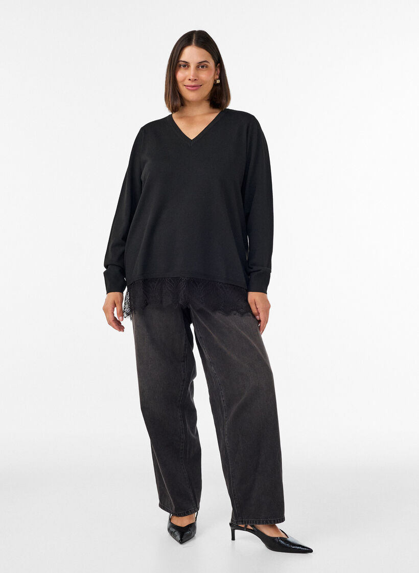 Knitted blouse with V-neck and lace trim, Black, Model image number 1