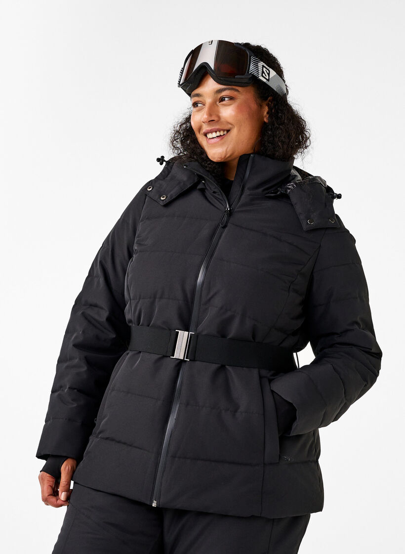 Water-repellent ski jacket with hood and belt, Black, Model image number 0