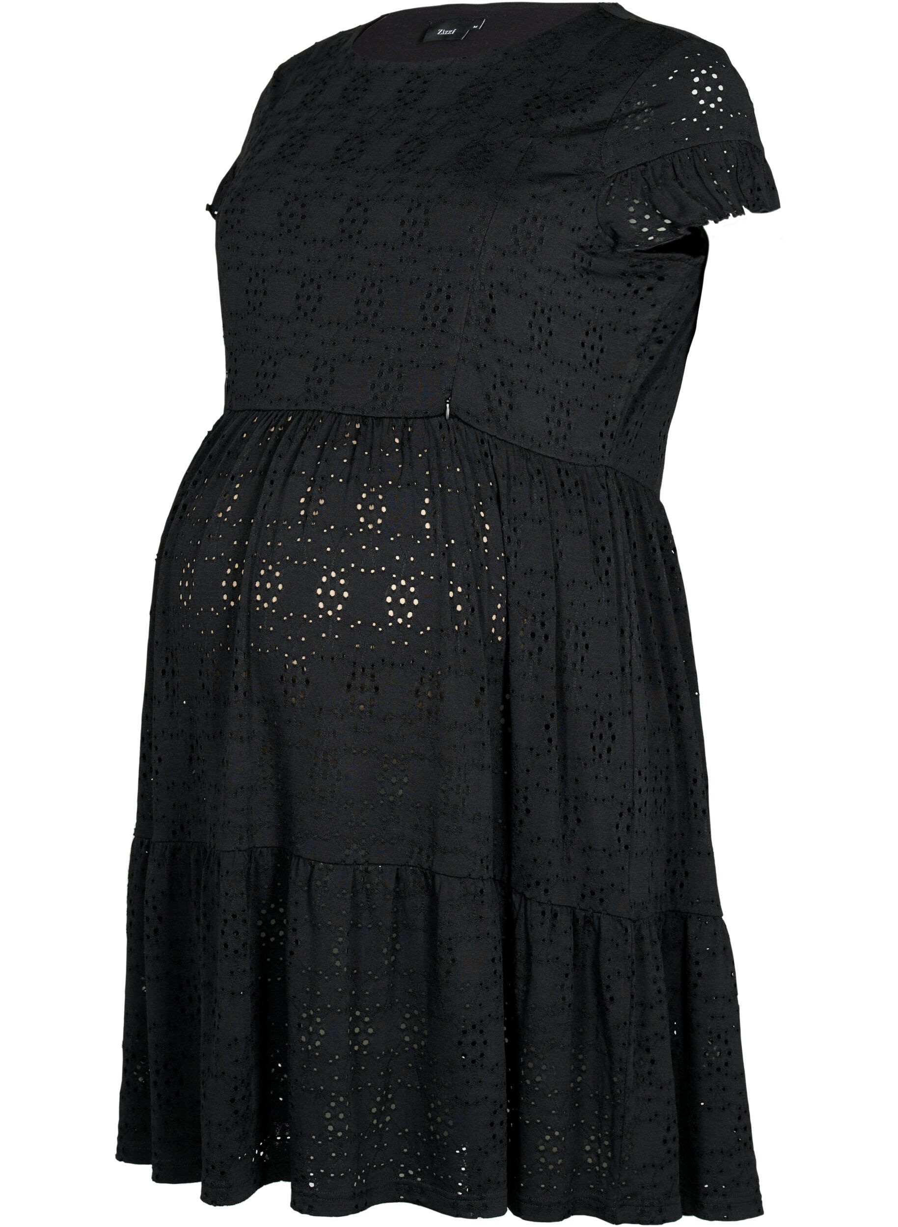 Zizzifashion Pregnancy dress in broderie anglaise with breastfeeding function, Black, Packshot image number 0