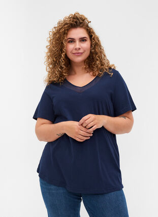 Short-sleeved T-shirt with V-neck and mesh, Navy Blazer, Model image number 0