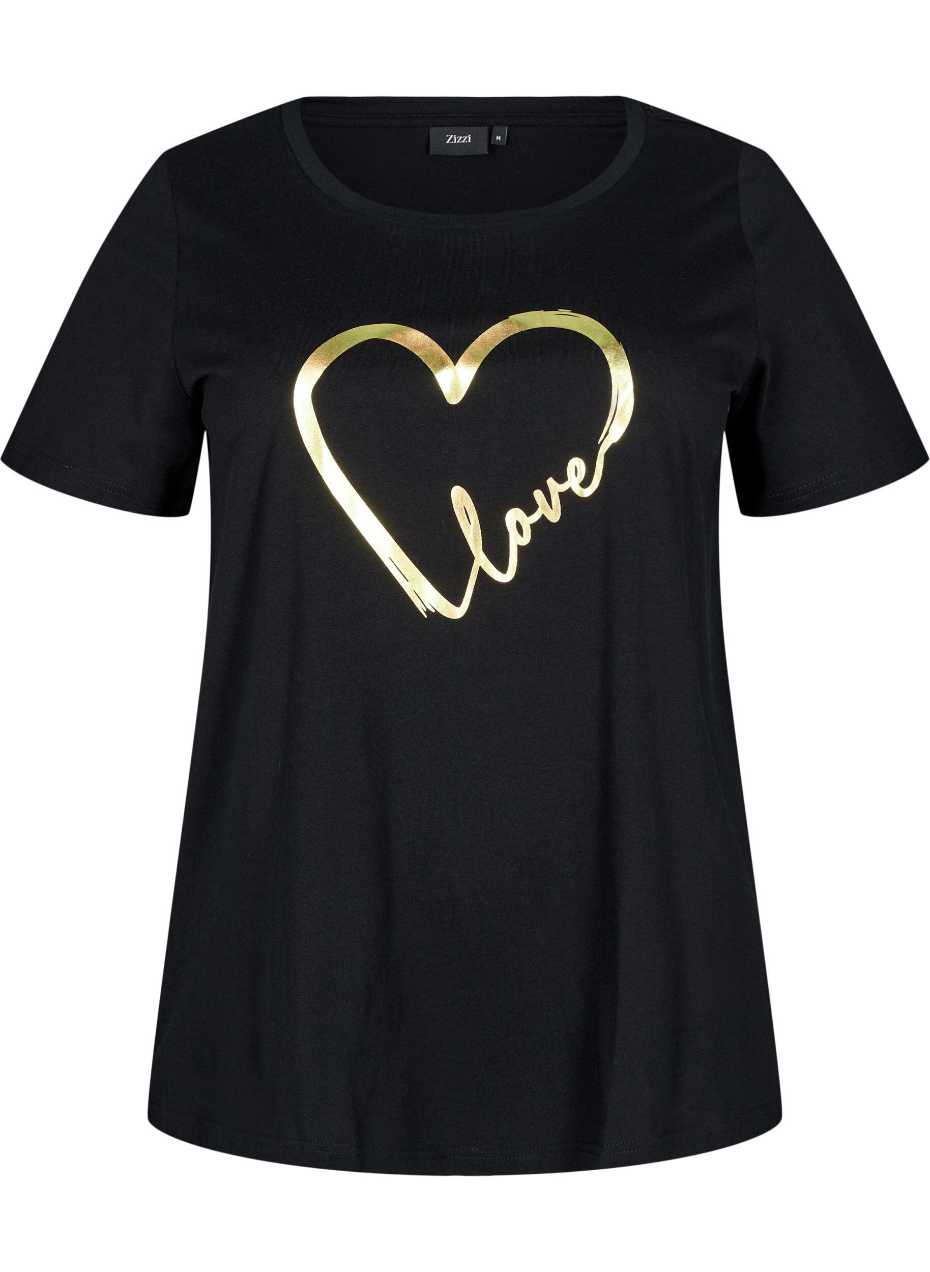 Zizzifashion Cotton T-shirt with motif, Black w. Gold Love, Packshot image number 0