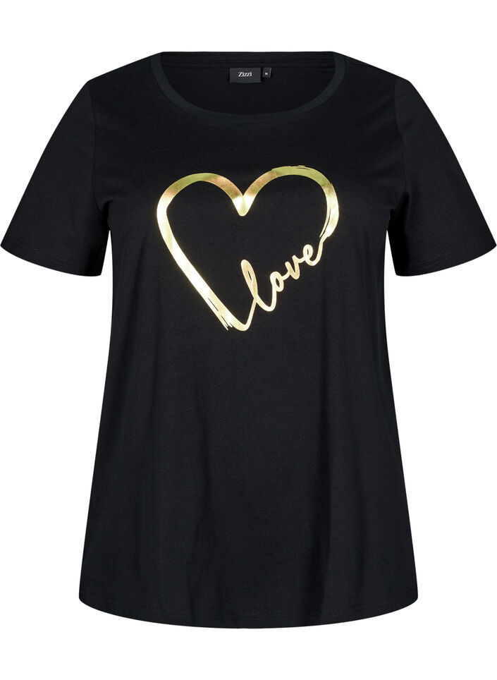 Cotton T-shirt with motif, Black w. Gold Love, Packshot image number 0