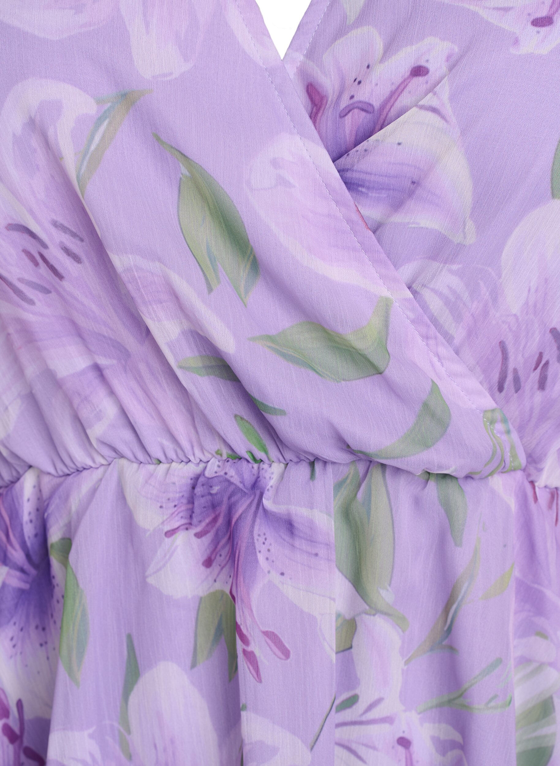 Zizzifashion Floral chiffon blouse with short sleeves, Purple, Packshot image number 2