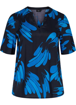 Printed viscose blouse with v-neckline, Dark Blue AOP, Packshot image number 0