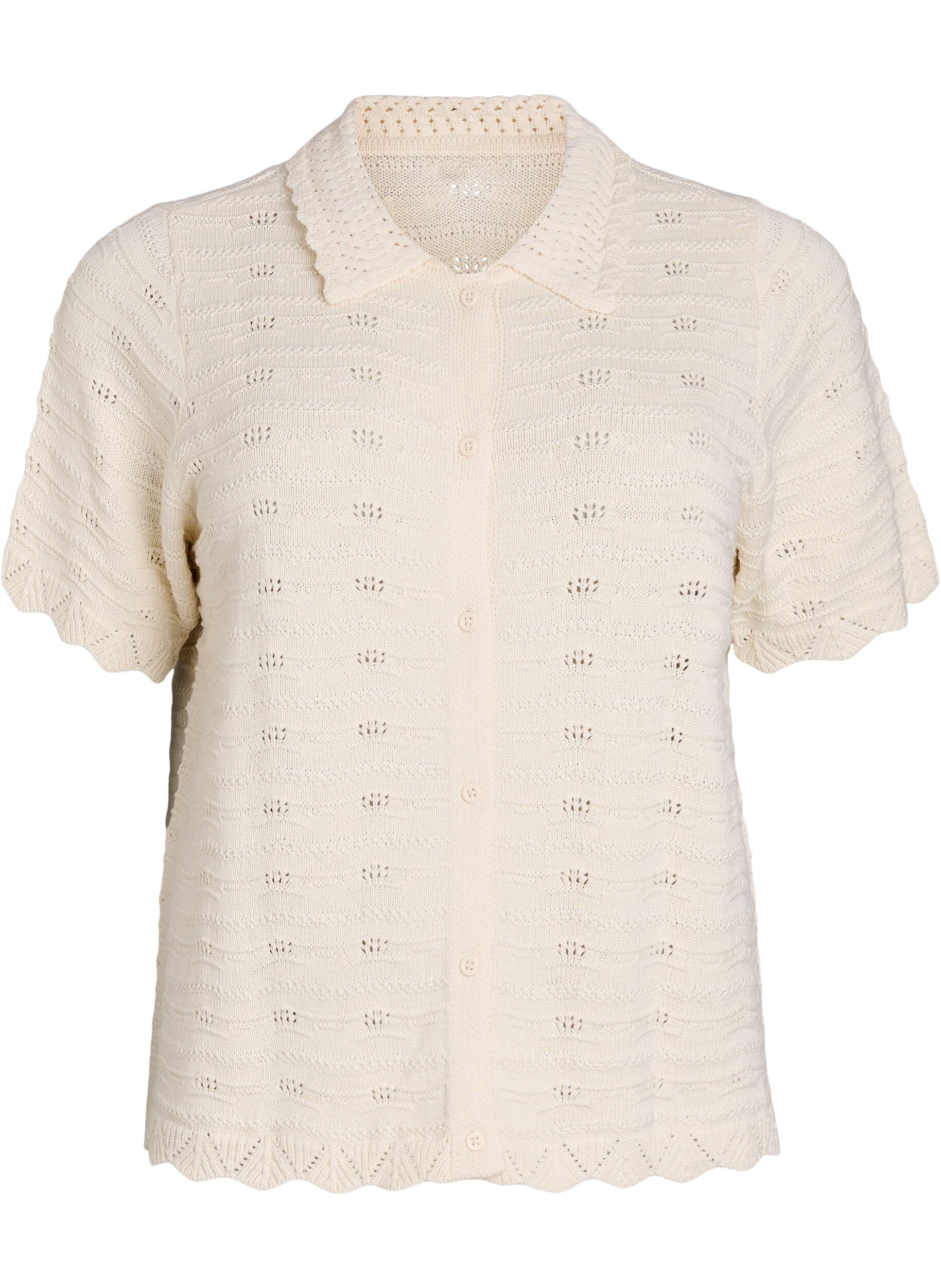 Short-sleeved knit cardigan with polo collar and eyelet embroidery