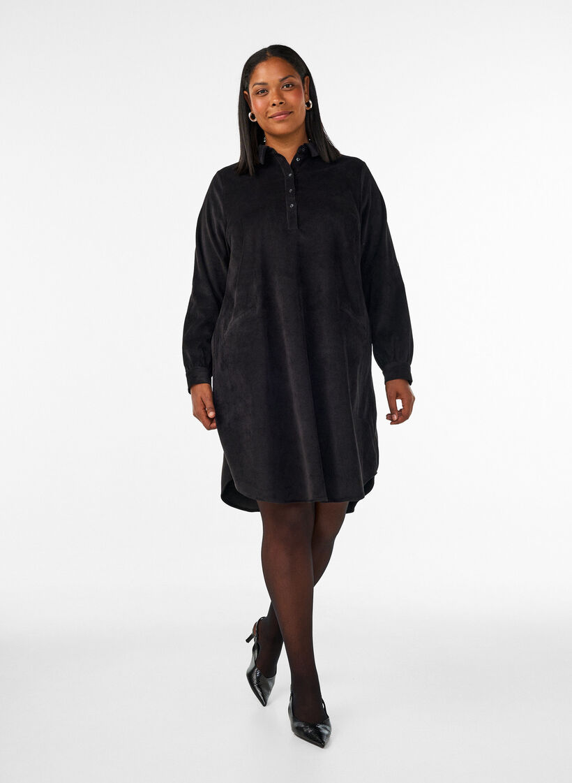 Corduroy shirt dress with collar and button fastening, Black, Model image number 1