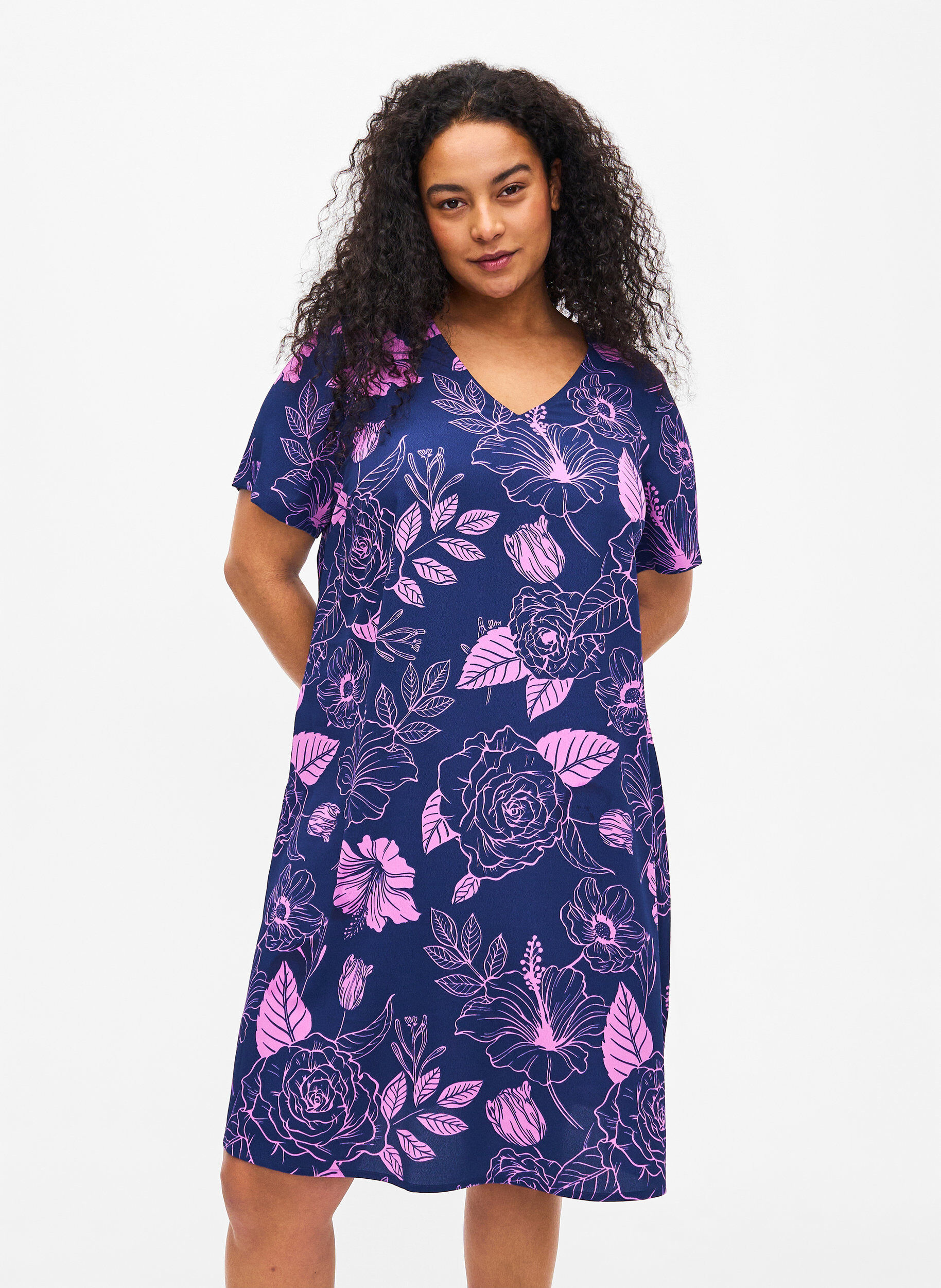 Zizzifashion FLASH - V-neck dress with floral print, Medieval Blue Flower, Model image number 0