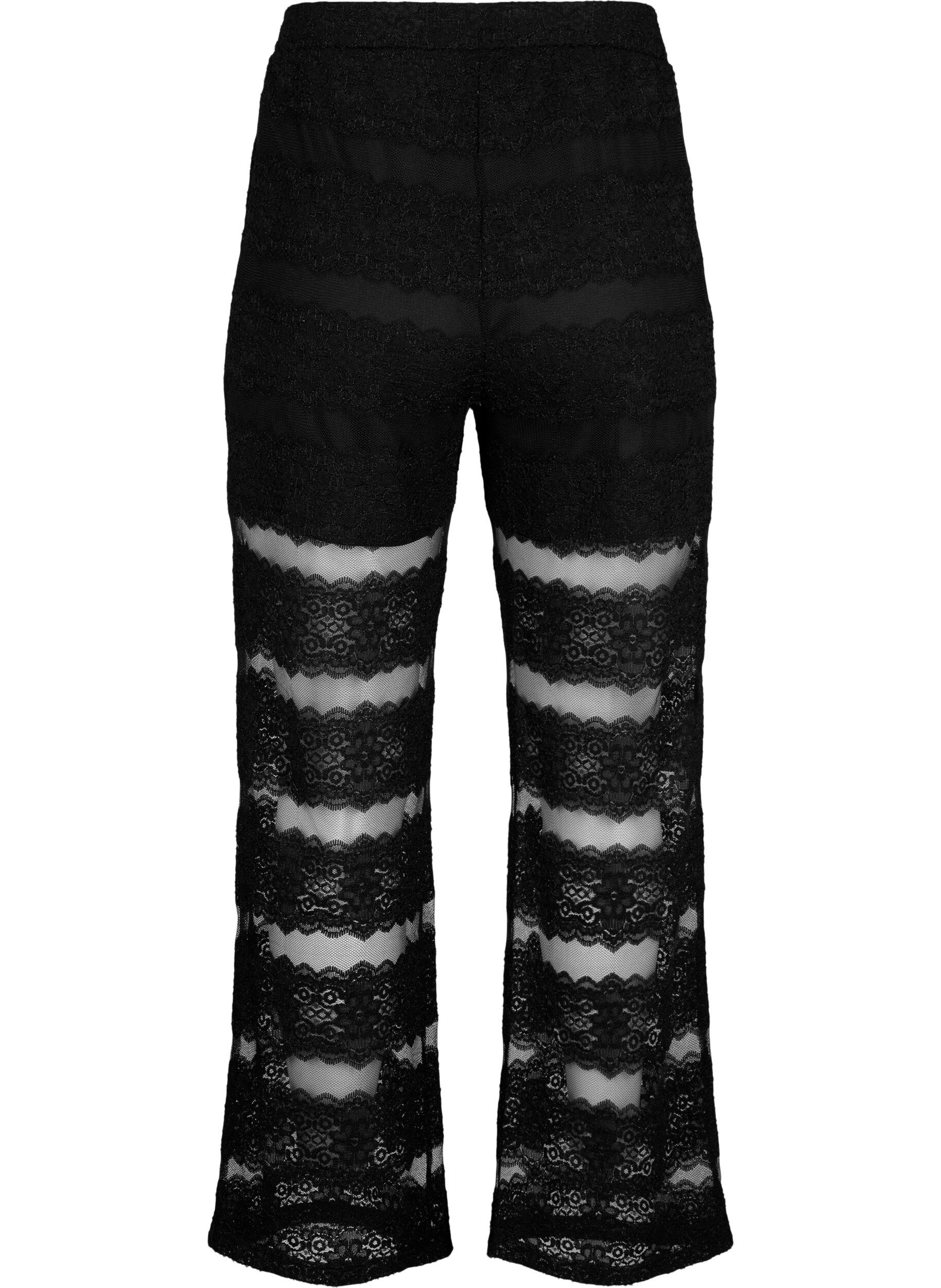 Zizzifashion Loose trousers with lace and sheer mesh, Black, Packshot image number 1