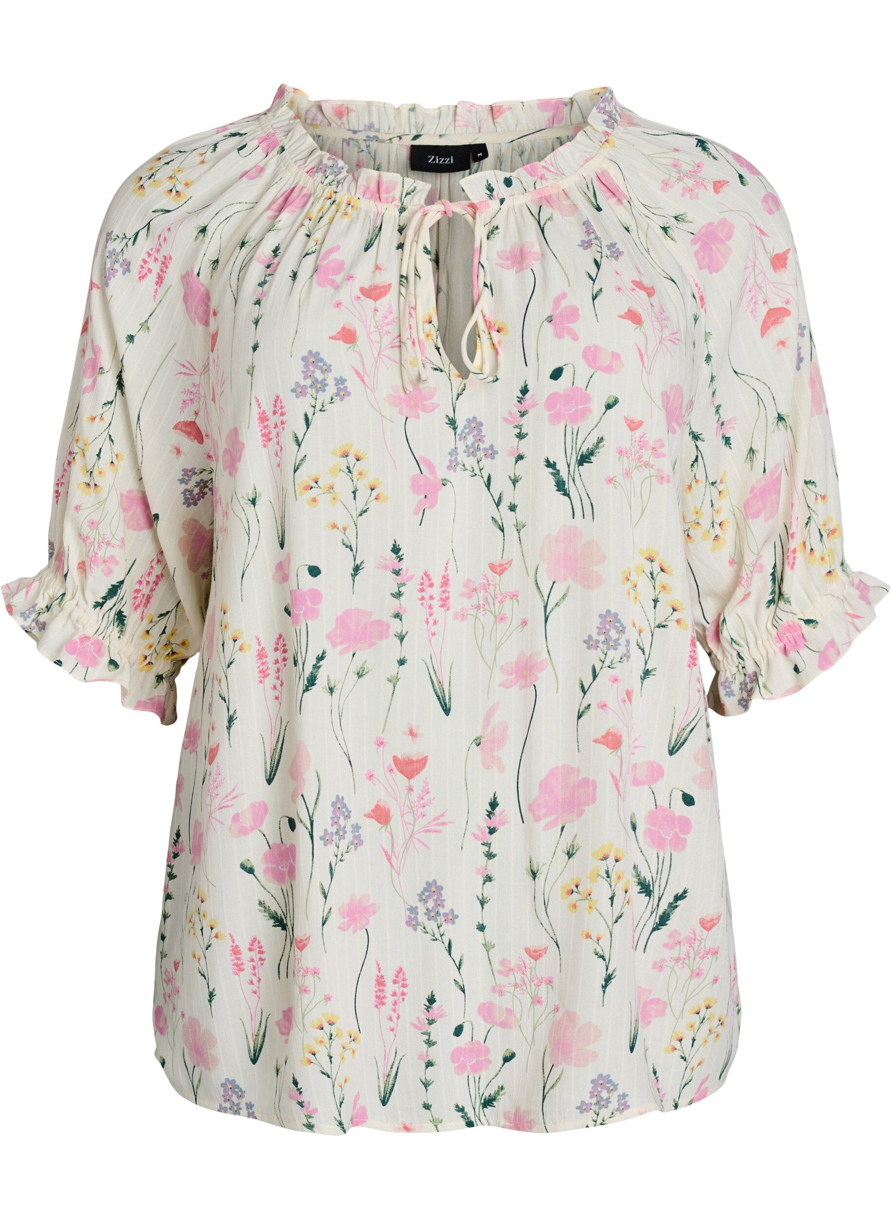 Zizzifashion Floral viscose blouse with half-length sleeves, Vanilla, Packshot image number 0