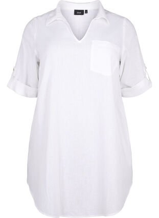 Short-sleeved cotton blend tunic with linen, Bright White, Packshot image number 0