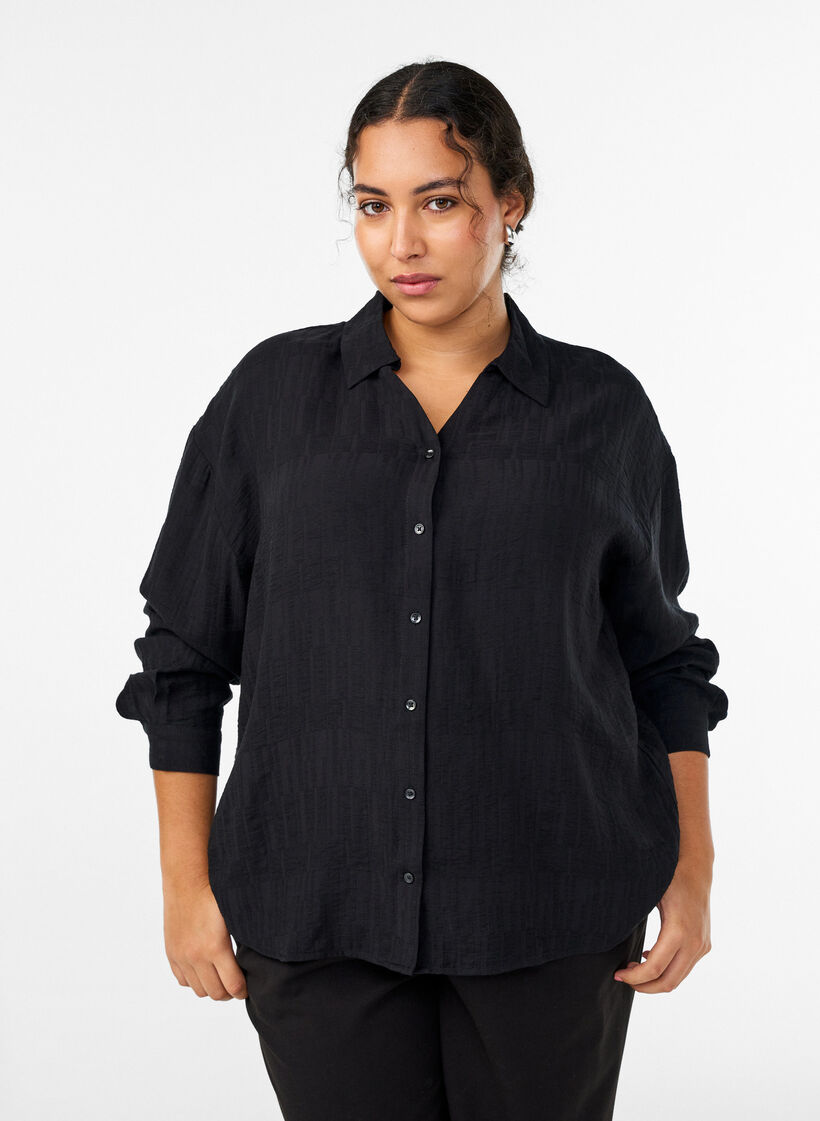 Loose shirt with texture and a V-neck, Black, Model image number 0