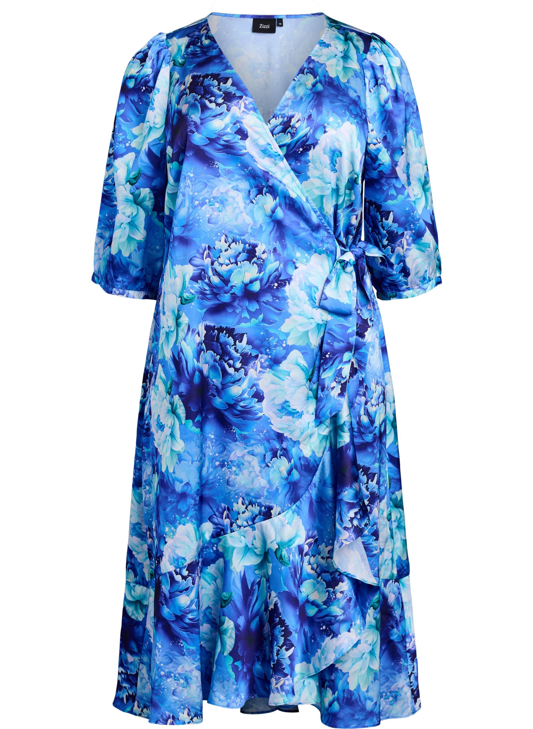 Zizzifashion Floral wrap dress with 3/4 sleeves, Blue, Packshot image number 0