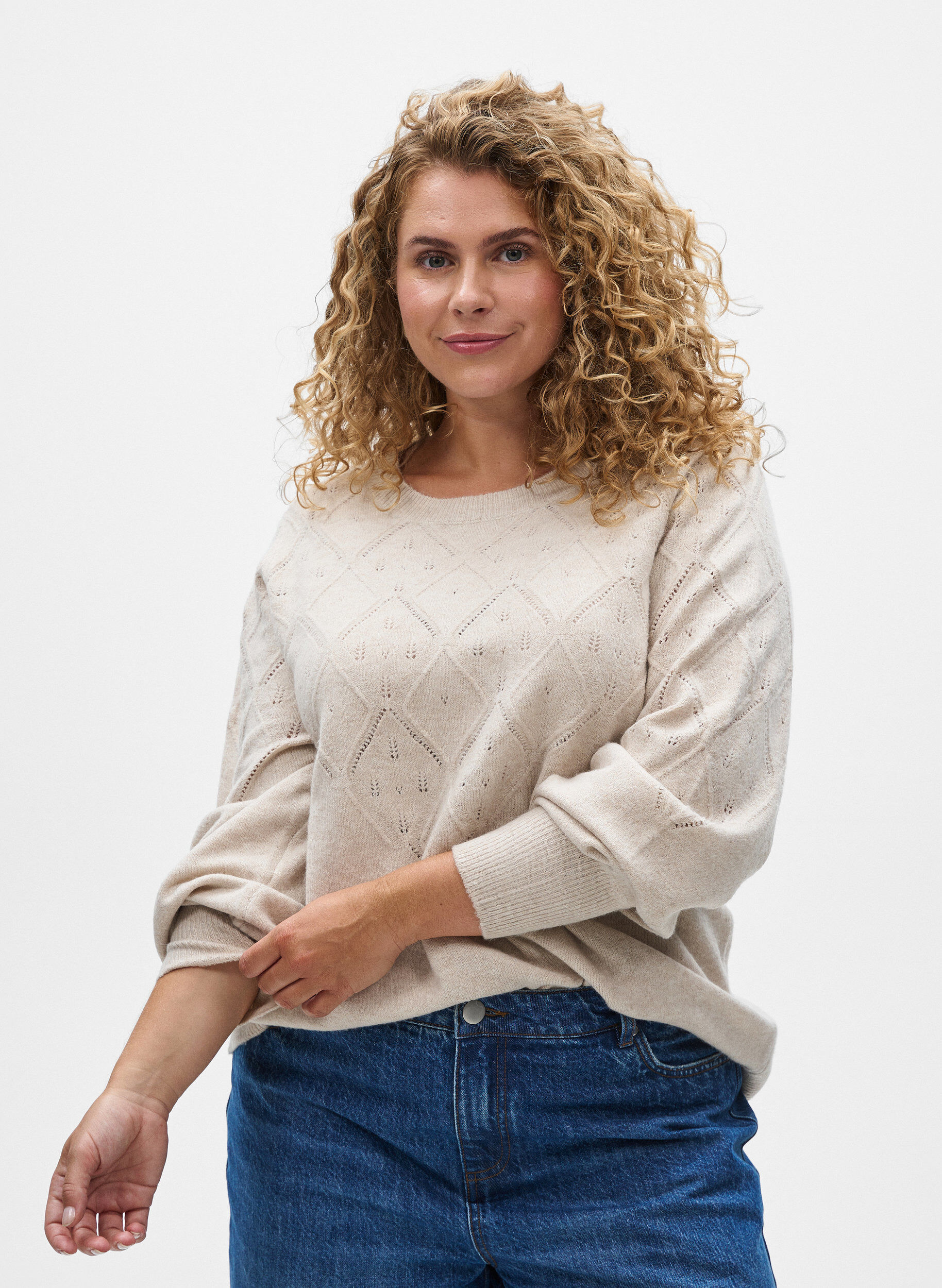Knitted top with openwork pattern and balloon sleeves, Beige, Model
