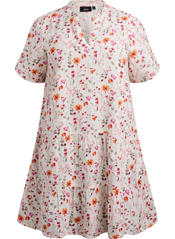 Short cotton muslin dress with flowers, White, Packshot image number 0