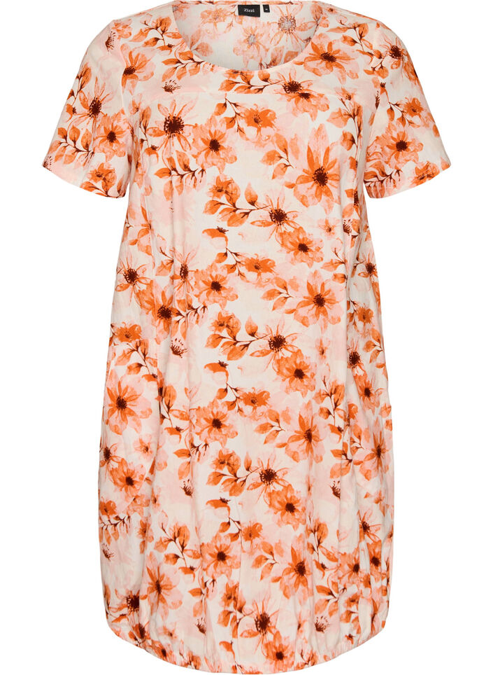 Short-sleeved cotton dress with print, Orange, Packshot image number 0